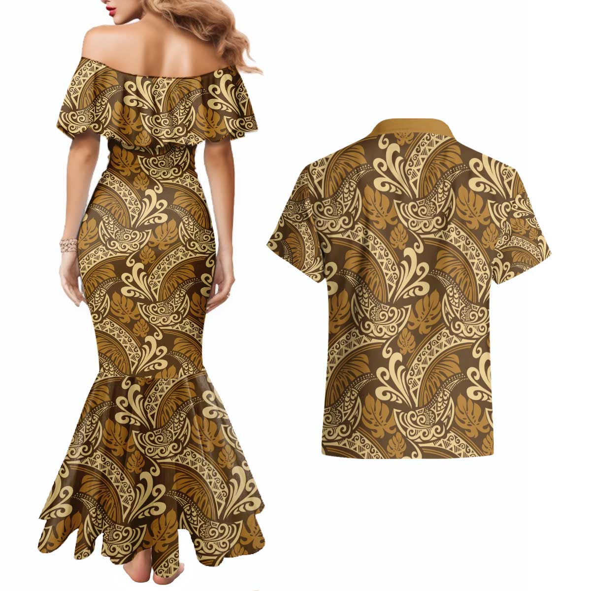 Brown Gold Monstera Couples Matching Mermaid Dress and Hawaiian Shirt Polynesian Tribal Pattern - Polynesian Pride
