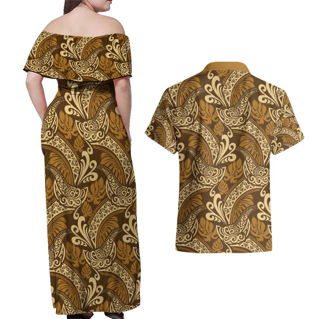 Brown Gold Monstera Couples Matching Off Shoulder Maxi Dress and Hawaiian Shirt Polynesian Tribal Pattern - Polynesian Pride
