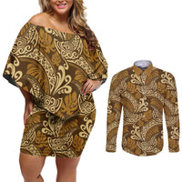 Brown Gold Monstera Couples Matching Off Shoulder Short Dress and Long Sleeve Button Shirt Polynesian Tribal Pattern - Polynesian Pride