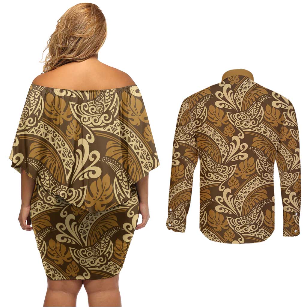 Brown Gold Monstera Couples Matching Off Shoulder Short Dress and Long Sleeve Button Shirt Polynesian Tribal Pattern - Polynesian Pride