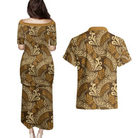 Brown Gold Monstera Couples Matching Puletasi and Hawaiian Shirt Polynesian Tribal Pattern - Polynesian Pride
