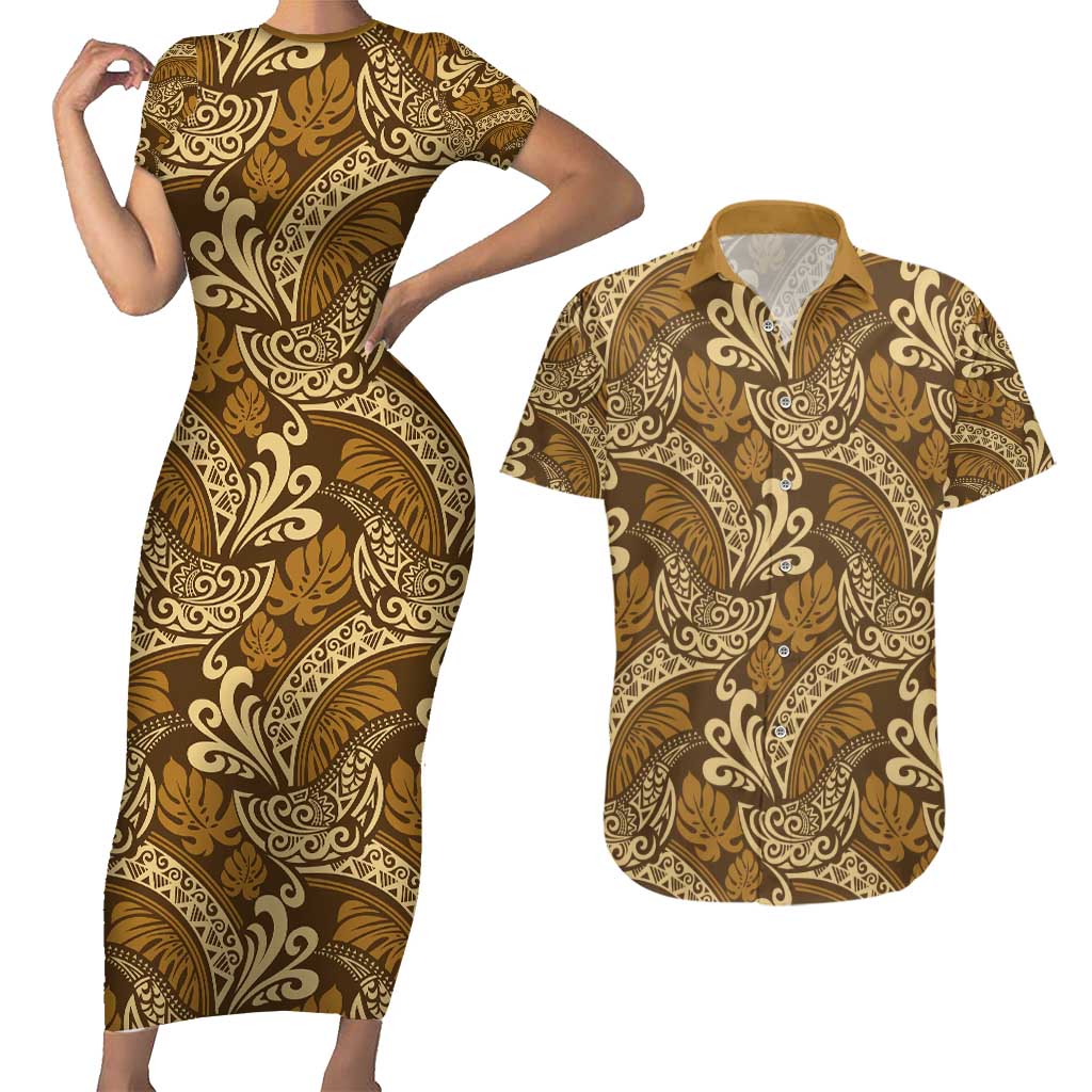 Brown Gold Monstera Couples Matching Short Sleeve Bodycon Dress and Hawaiian Shirt Polynesian Tribal Pattern - Polynesian Pride