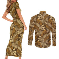Brown Gold Monstera Couples Matching Short Sleeve Bodycon Dress and Long Sleeve Button Shirt Polynesian Tribal Pattern - Polynesian Pride