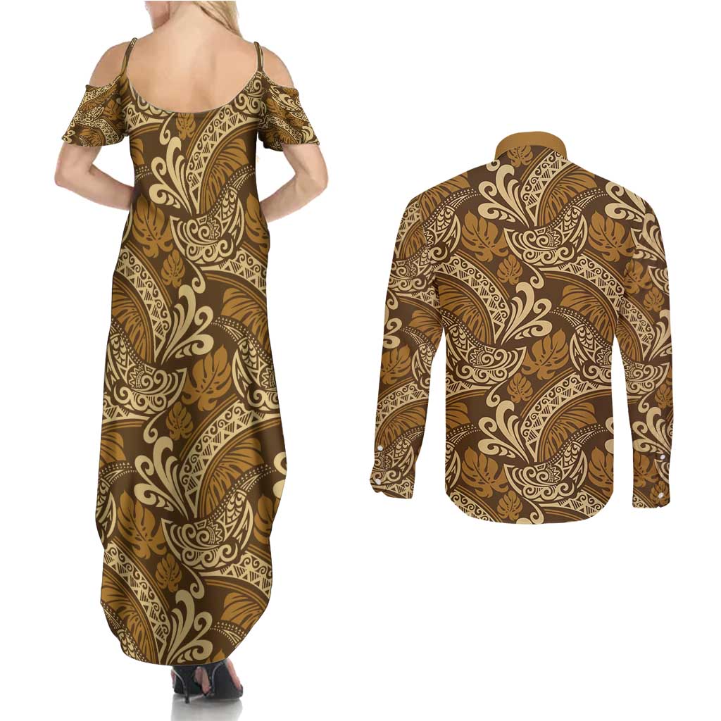 Brown Gold Monstera Couples Matching Summer Maxi Dress and Long Sleeve Button Shirt Polynesian Tribal Pattern - Polynesian Pride