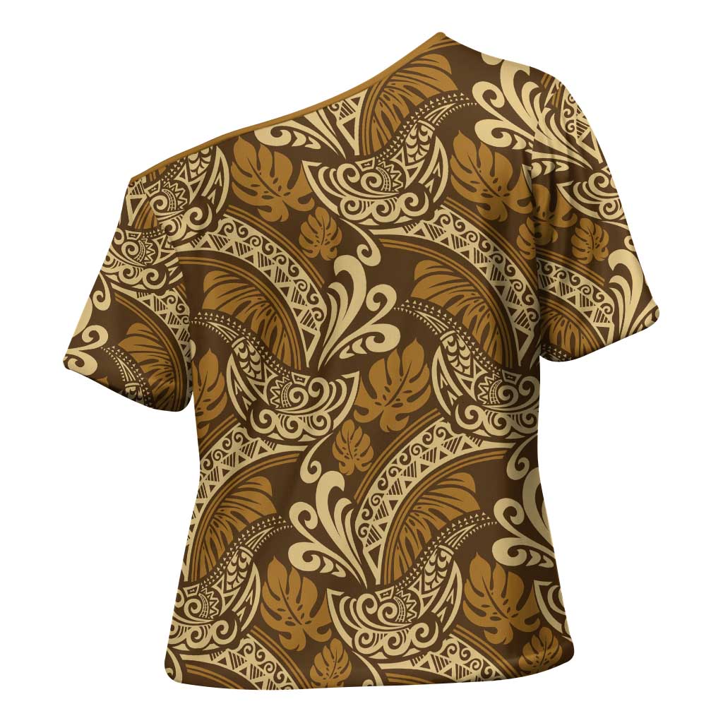 Brown Gold Monstera Cross Shoulder Shirt Polynesian Tribal Pattern - Polynesian Pride