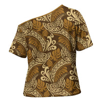 Brown Gold Monstera Cross Shoulder Shirt Polynesian Tribal Pattern - Polynesian Pride