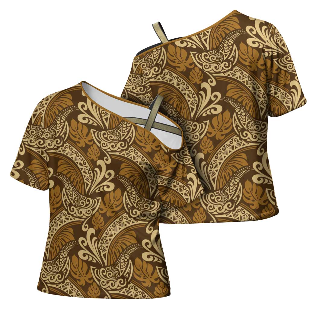 Brown Gold Monstera Cross Shoulder Shirt Polynesian Tribal Pattern - Polynesian Pride
