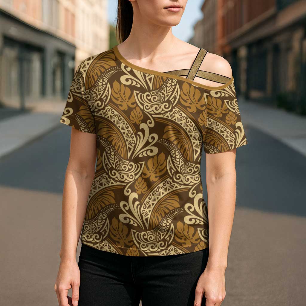 Brown Gold Monstera Cross Shoulder Shirt Polynesian Tribal Pattern - Polynesian Pride