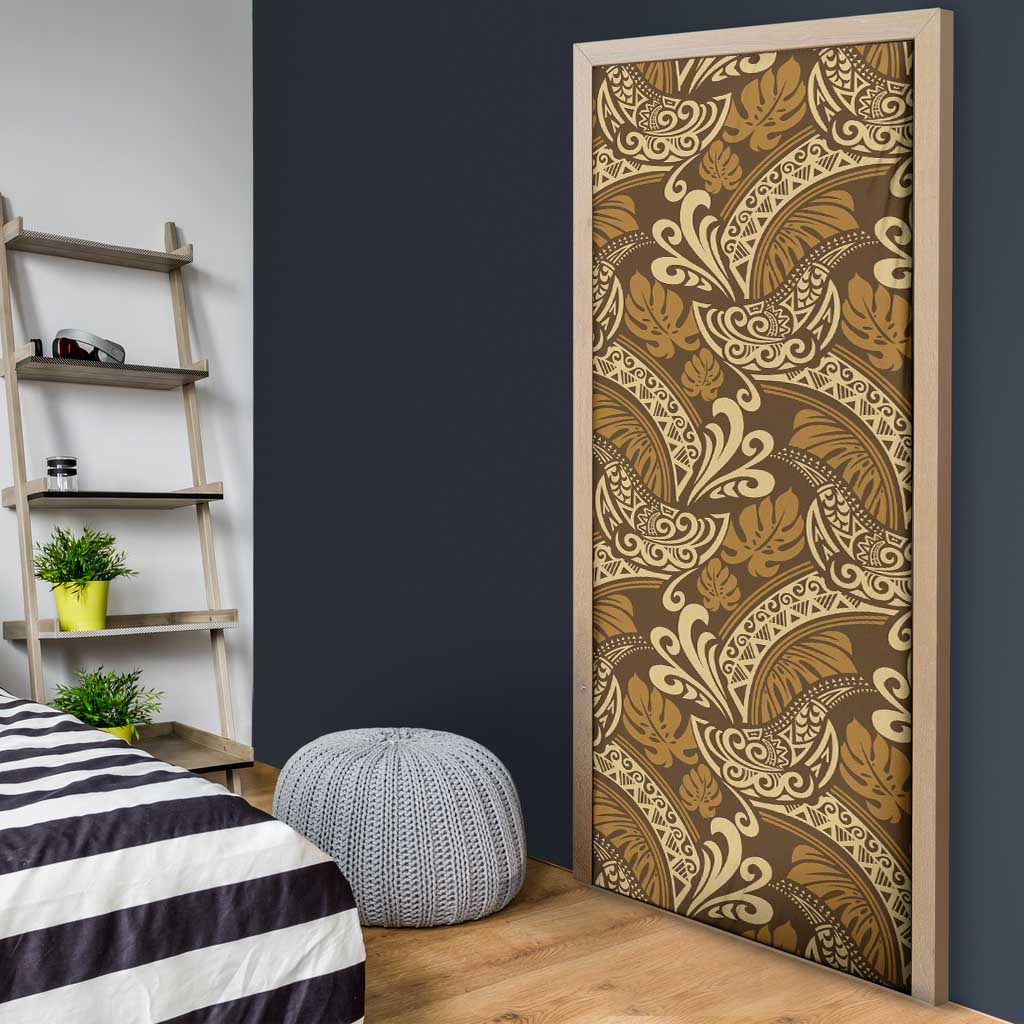 Brown Gold Monstera Door Cover Polynesian Tribal Pattern - Polynesian Pride