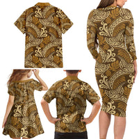 Brown Gold Monstera Family Matching Long Sleeve Bodycon Dress and Hawaiian Shirt Polynesian Tribal Pattern - Polynesian Pride