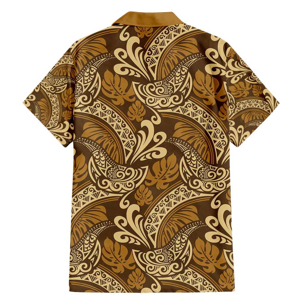 Brown Gold Monstera Family Matching Long Sleeve Bodycon Dress and Hawaiian Shirt Polynesian Tribal Pattern - Polynesian Pride