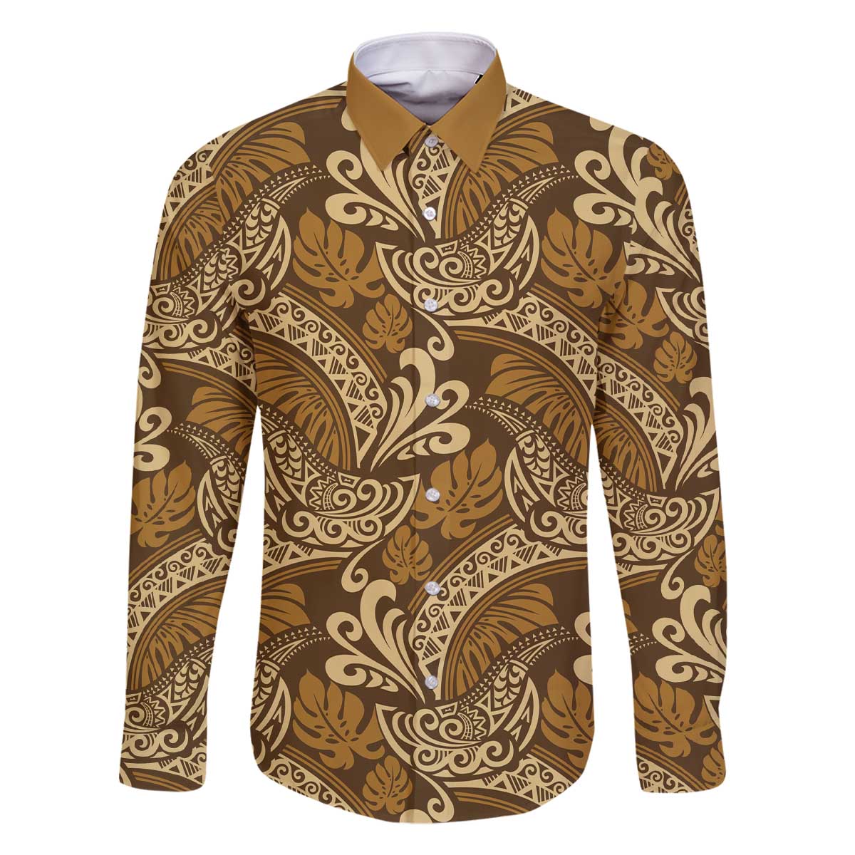 Brown Gold Monstera Family Matching Off The Shoulder Long Sleeve Dress and Hawaiian Shirt Polynesian Tribal Pattern - Polynesian Pride