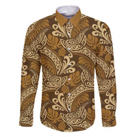 Brown Gold Monstera Family Matching Off The Shoulder Long Sleeve Dress and Hawaiian Shirt Polynesian Tribal Pattern - Polynesian Pride