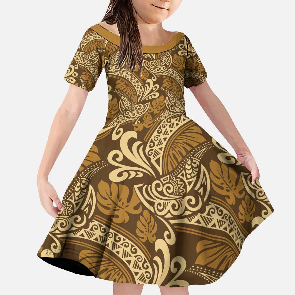 Brown Gold Monstera Family Matching Off Shoulder Maxi Dress and Hawaiian Shirt Polynesian Tribal Pattern - Polynesian Pride