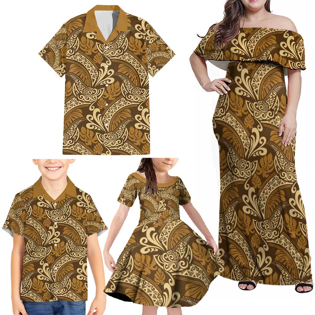 Brown Gold Monstera Family Matching Off Shoulder Maxi Dress and Hawaiian Shirt Polynesian Tribal Pattern - Polynesian Pride
