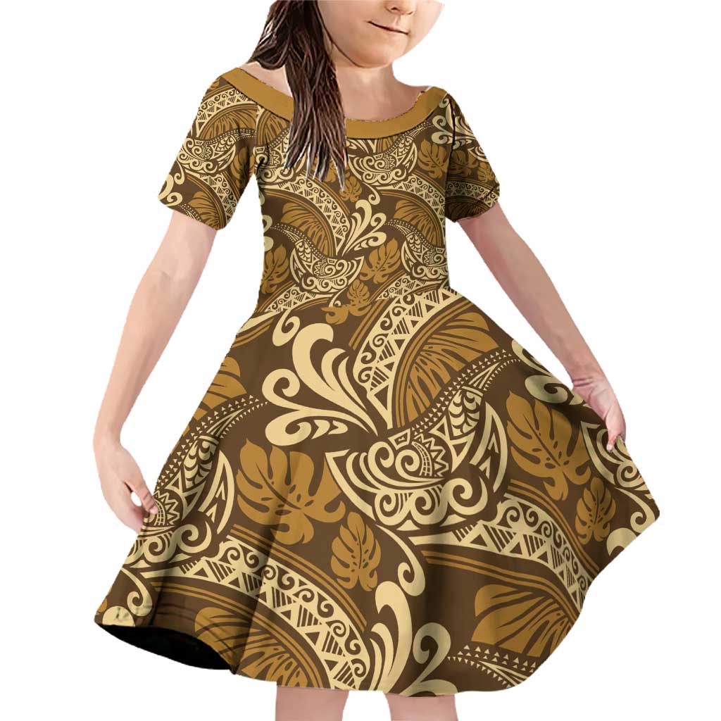Brown Gold Monstera Family Matching Off Shoulder Short Dress and Hawaiian Shirt Polynesian Tribal Pattern - Polynesian Pride
