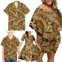 Brown Gold Monstera Family Matching Off Shoulder Short Dress and Hawaiian Shirt Polynesian Tribal Pattern - Polynesian Pride