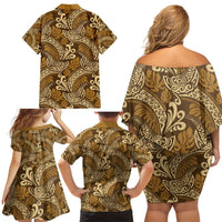 Brown Gold Monstera Family Matching Off Shoulder Short Dress and Hawaiian Shirt Polynesian Tribal Pattern - Polynesian Pride