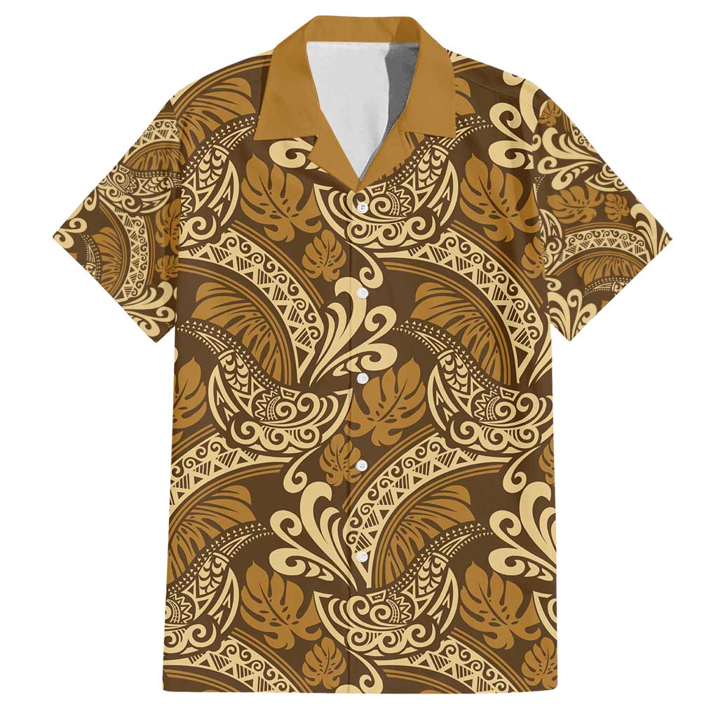 Brown Gold Monstera Family Matching Off Shoulder Short Dress and Hawaiian Shirt Polynesian Tribal Pattern - Polynesian Pride