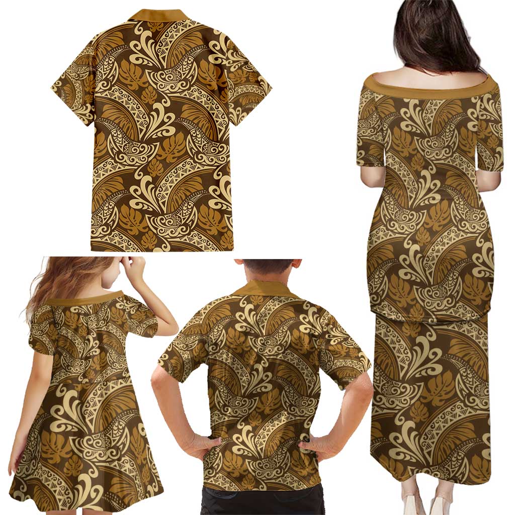 Brown Gold Monstera Family Matching Puletasi and Hawaiian Shirt Polynesian Tribal Pattern - Polynesian Pride