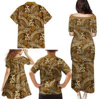 Brown Gold Monstera Family Matching Puletasi and Hawaiian Shirt Polynesian Tribal Pattern - Polynesian Pride