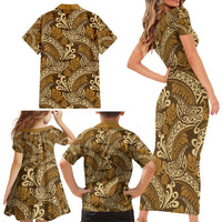 Brown Gold Monstera Family Matching Short Sleeve Bodycon Dress and Hawaiian Shirt Polynesian Tribal Pattern - Polynesian Pride