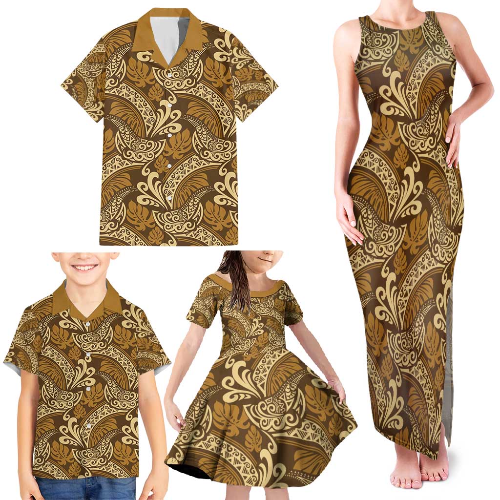 Brown Gold Monstera Family Matching Tank Maxi Dress and Hawaiian Shirt Polynesian Tribal Pattern - Polynesian Pride