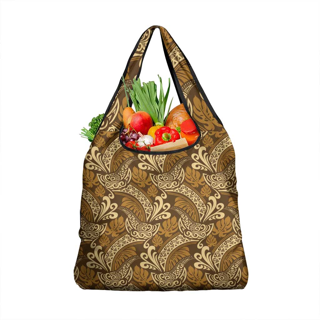 Brown Gold Monstera Grocery Bag Polynesian Tribal Pattern - Polynesian Pride
