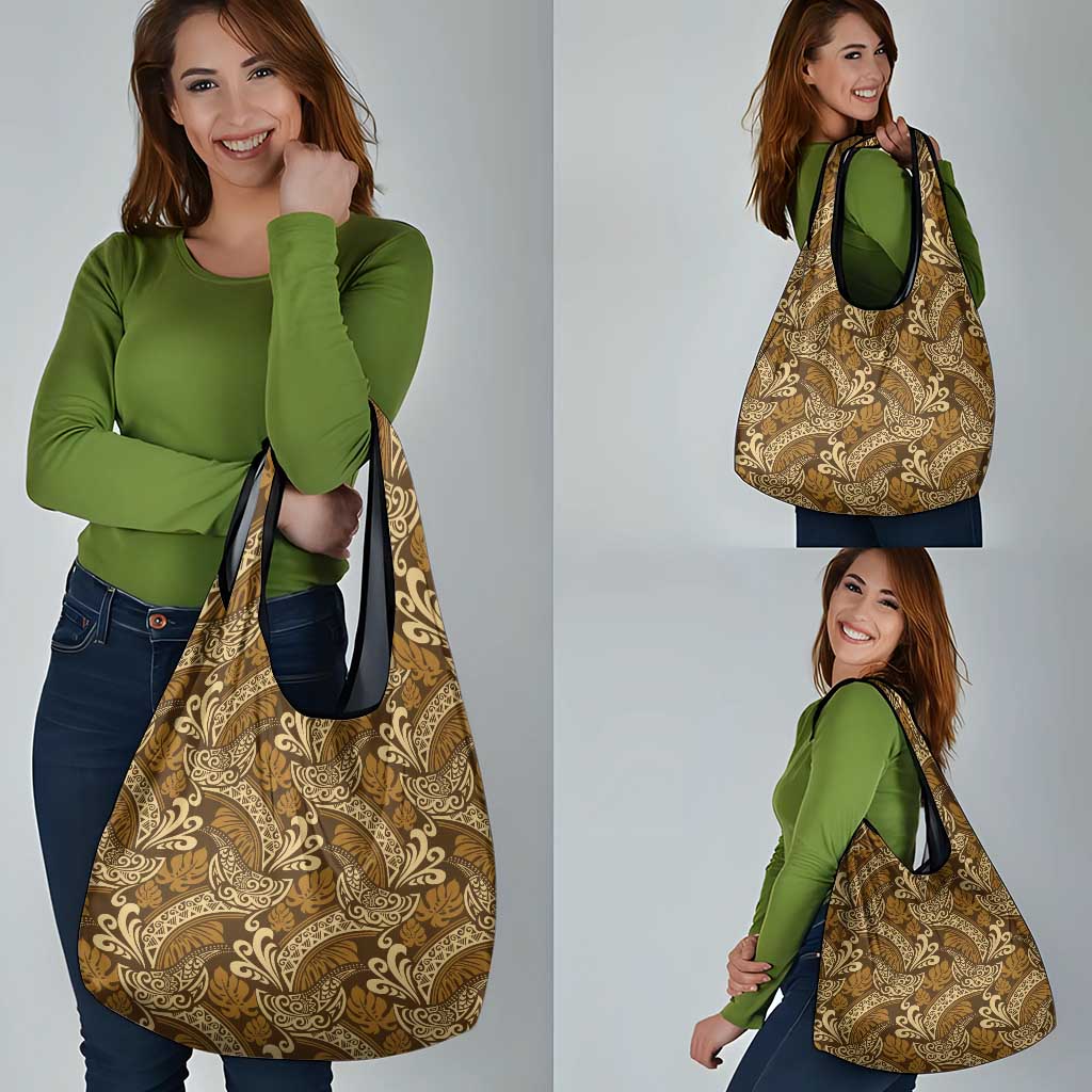 Brown Gold Monstera Grocery Bag Polynesian Tribal Pattern - Polynesian Pride