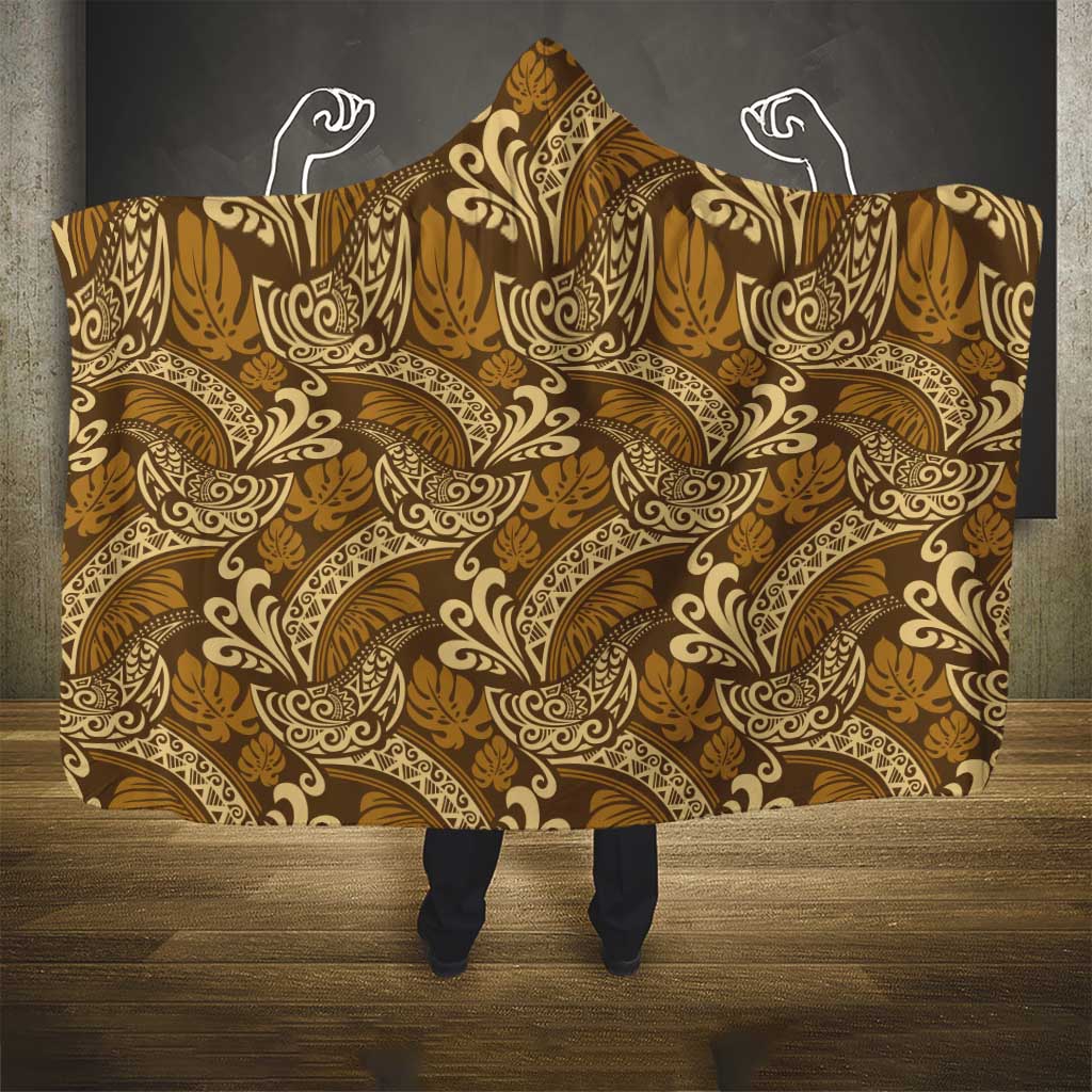 Brown Gold Monstera Hooded Blanket Polynesian Tribal Pattern - Polynesian Pride