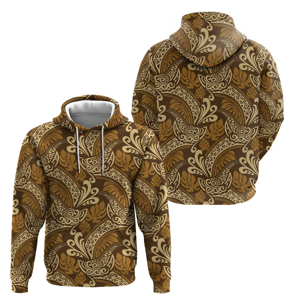 Brown Gold Monstera Hoodie Polynesian Tribal Pattern - Polynesian Pride