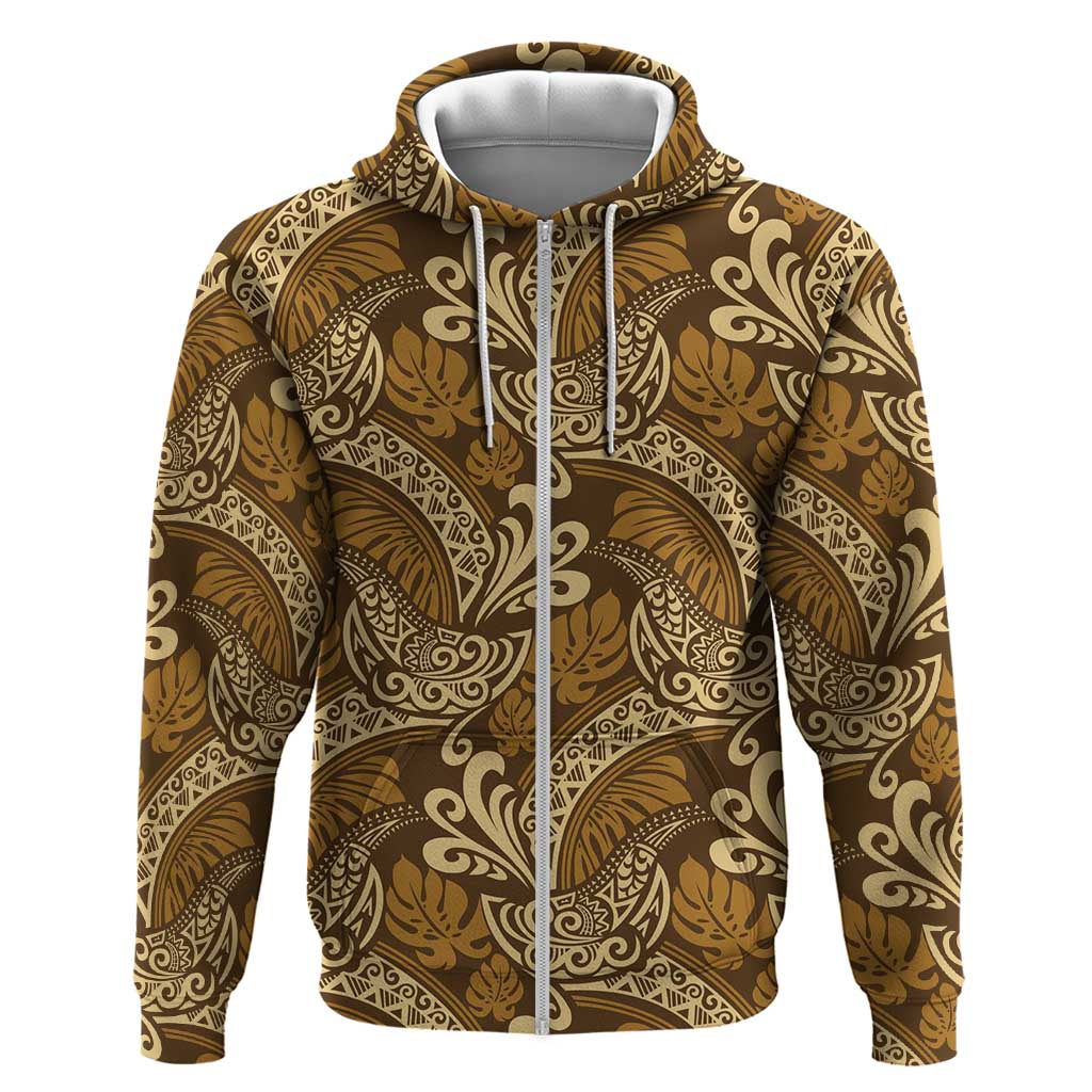 Brown Gold Monstera Hoodie Polynesian Tribal Pattern - Polynesian Pride