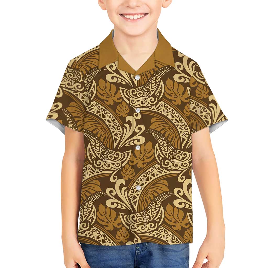 Brown Gold Monstera Kid Hawaiian Shirt Polynesian Tribal Pattern - Polynesian Pride