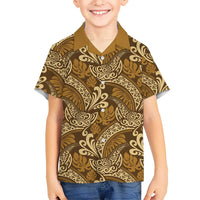 Brown Gold Monstera Kid Hawaiian Shirt Polynesian Tribal Pattern - Polynesian Pride