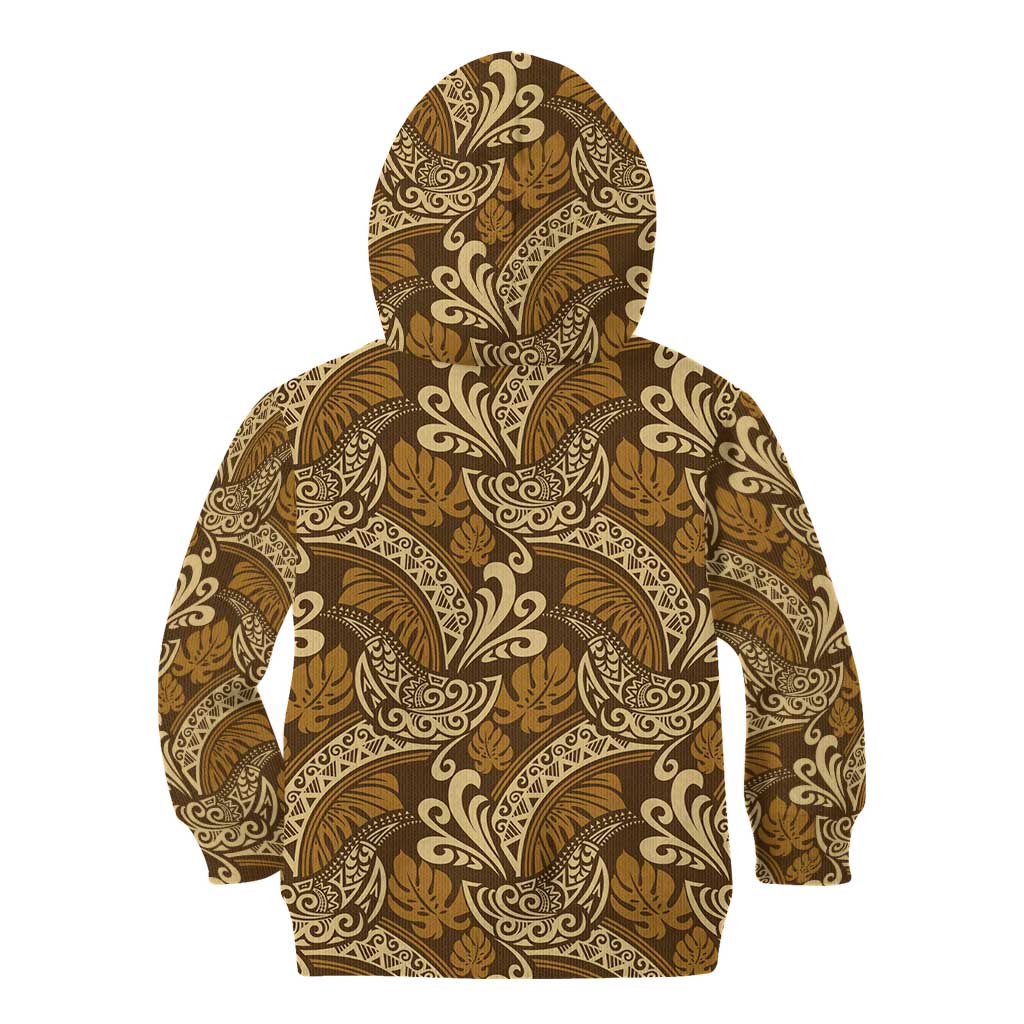 Brown Gold Monstera Kid Hoodie Polynesian Tribal Pattern - Polynesian Pride