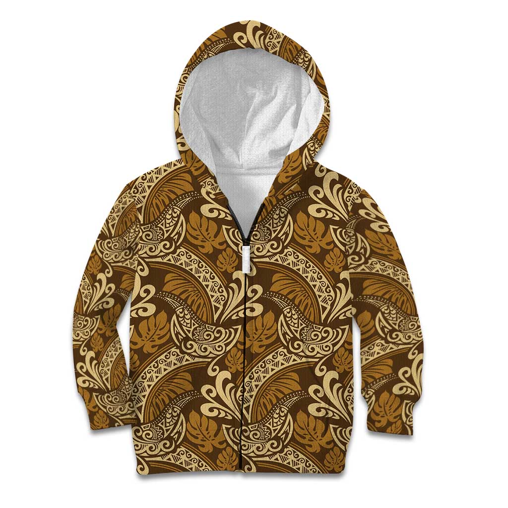 Brown Gold Monstera Kid Hoodie Polynesian Tribal Pattern - Polynesian Pride
