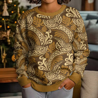 Brown Gold Monstera Kid Ugly Christmas Sweater Polynesian Tribal Pattern - Polynesian Pride