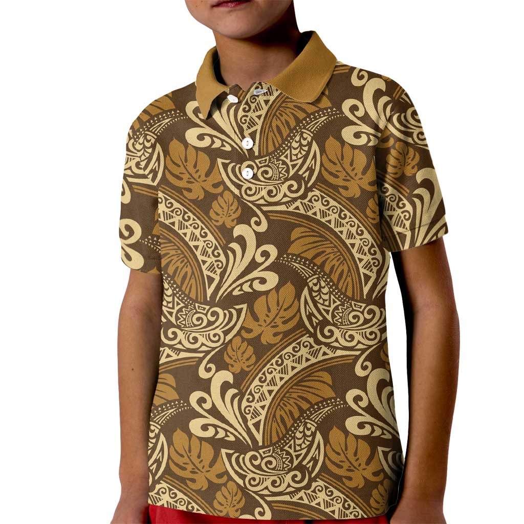 Brown Gold Monstera Kid Polo Shirt Polynesian Tribal Pattern - Polynesian Pride