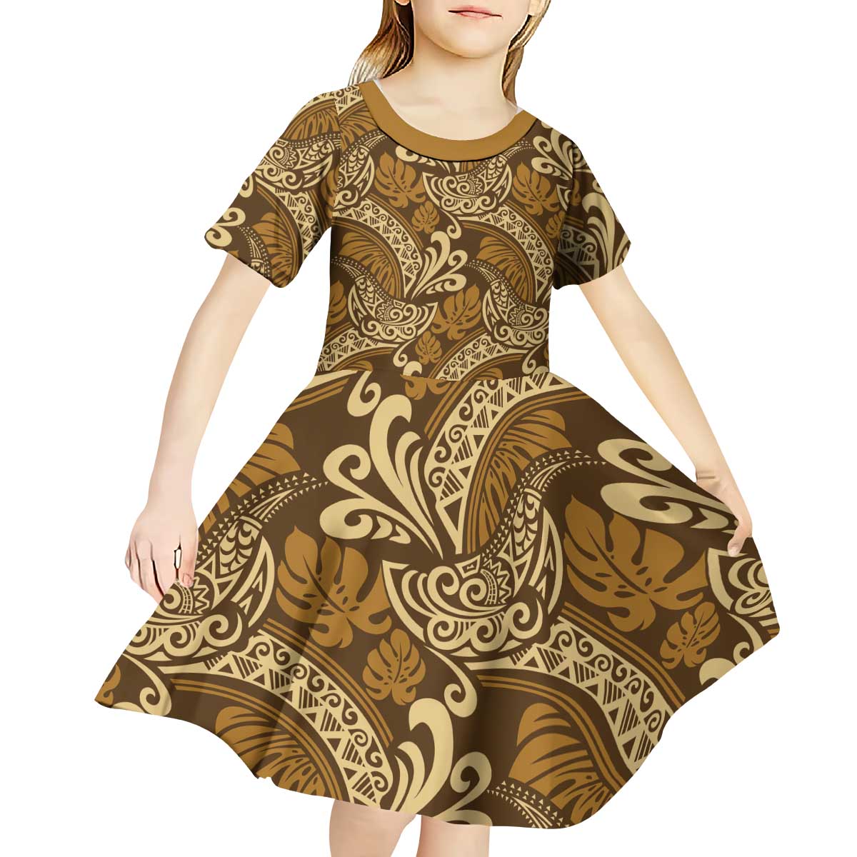 Brown Gold Monstera Kid Short Sleeve Dress Polynesian Tribal Pattern - Polynesian Pride