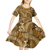 Brown Gold Monstera Kid Short Sleeve Dress Polynesian Tribal Pattern - Polynesian Pride
