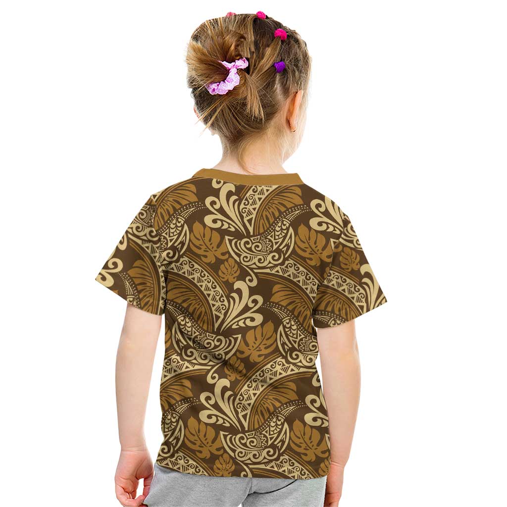 Brown Gold Monstera Kid T Shirt Polynesian Tribal Pattern - Polynesian Pride