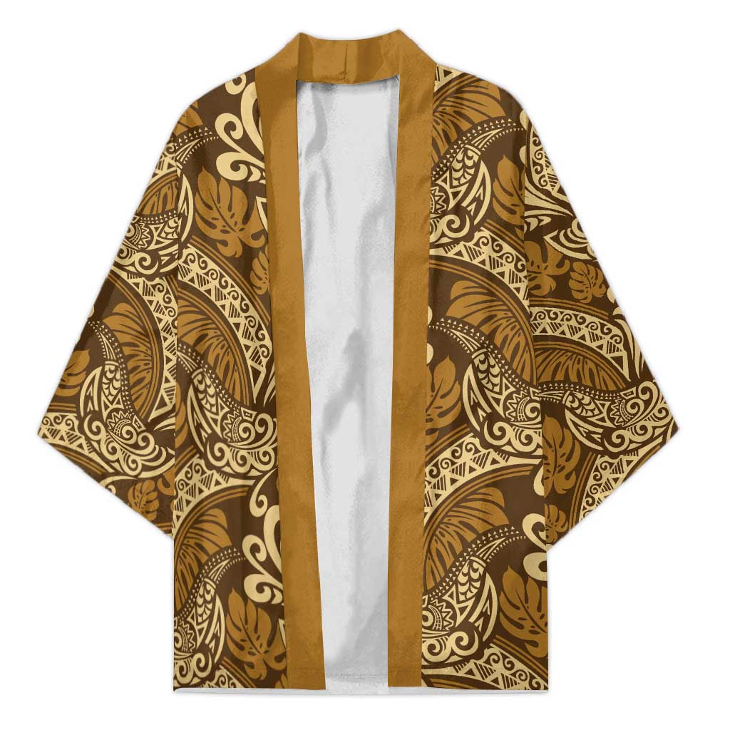 Brown Gold Monstera Kimono Polynesian Tribal Pattern - Polynesian Pride