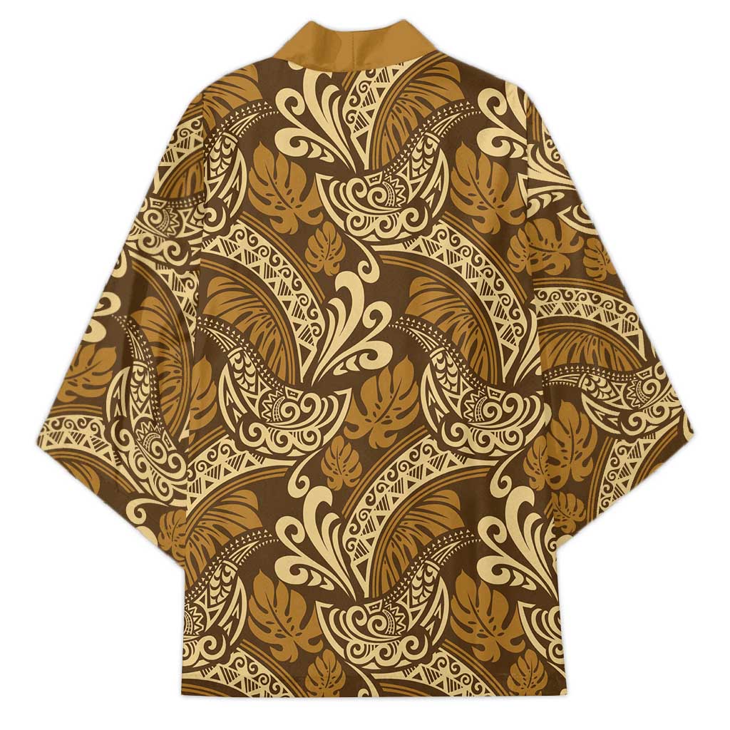 Brown Gold Monstera Kimono Polynesian Tribal Pattern - Polynesian Pride