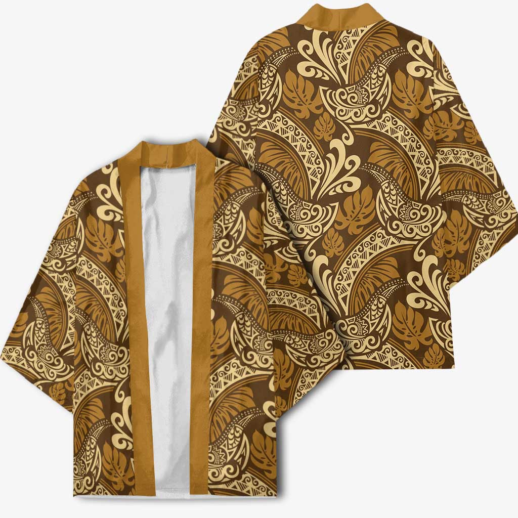 Brown Gold Monstera Kimono Polynesian Tribal Pattern - Polynesian Pride