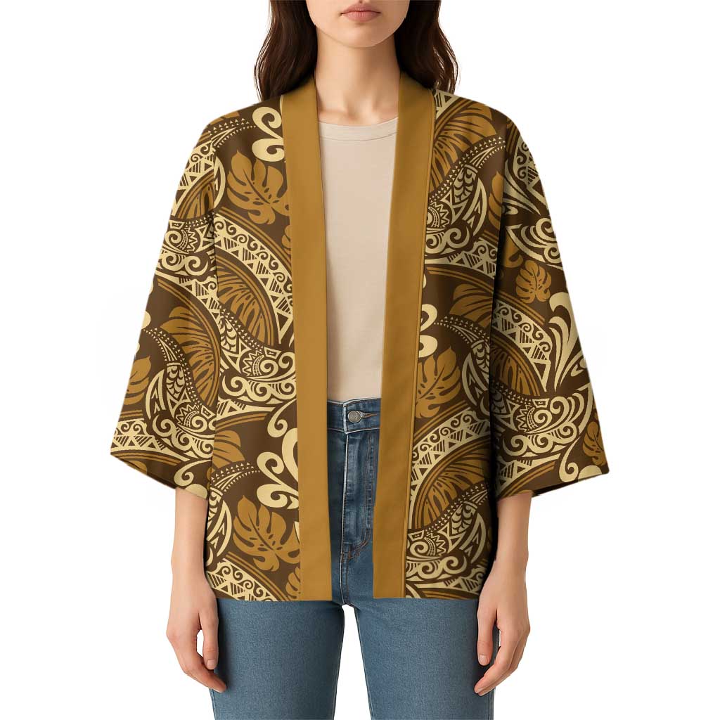 Brown Gold Monstera Kimono Polynesian Tribal Pattern - Polynesian Pride
