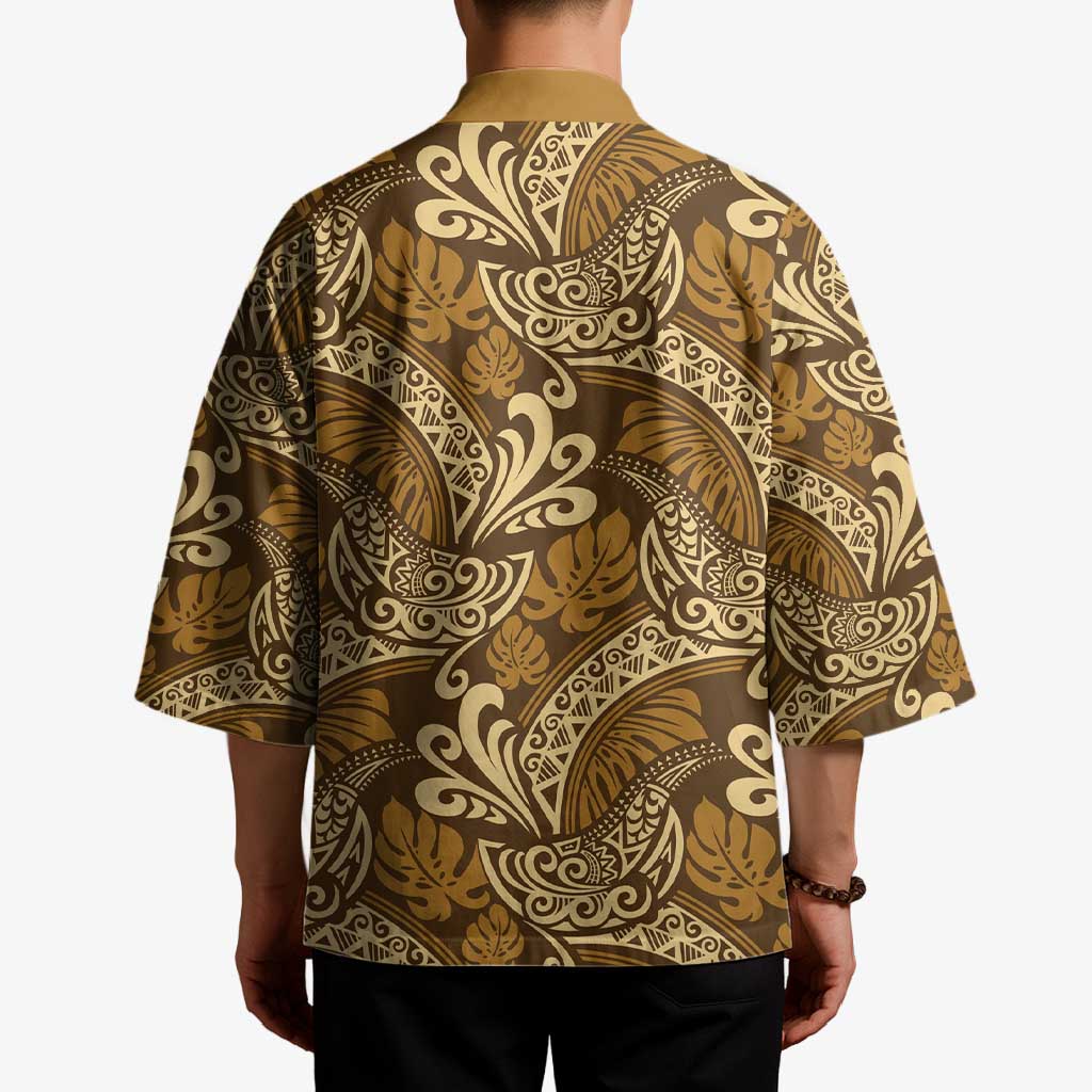 Brown Gold Monstera Kimono Polynesian Tribal Pattern - Polynesian Pride