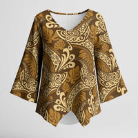 Brown Gold Monstera Kimono Sleeve Blouse Polynesian Tribal Pattern - Polynesian Pride