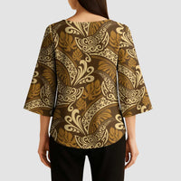 Brown Gold Monstera Kimono Sleeve Blouse Polynesian Tribal Pattern - Polynesian Pride