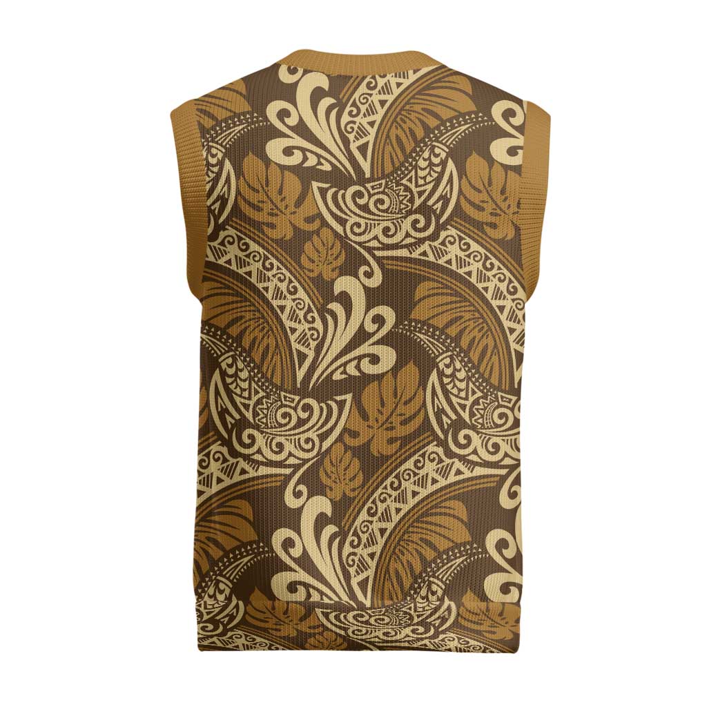 Brown Gold Monstera Christmas Knitted V-Neck Vest Polynesian Tribal Pattern - Polynesian Pride