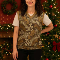 Brown Gold Monstera Christmas Knitted V-Neck Vest Polynesian Tribal Pattern - Polynesian Pride